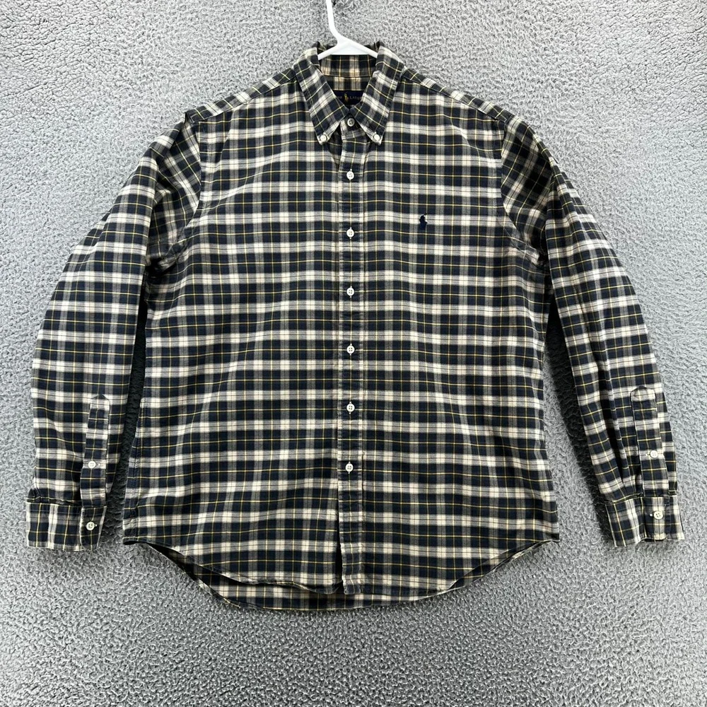 Polo Ralph Lauren‎ Shirt Mens Large Plaid Button Down Navy Tan Yellow Pony